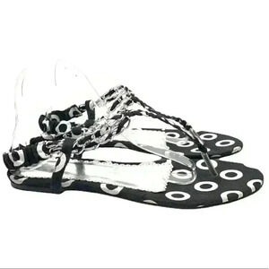 New Ashro womens sandals size 10 black white braided t-strap artsy